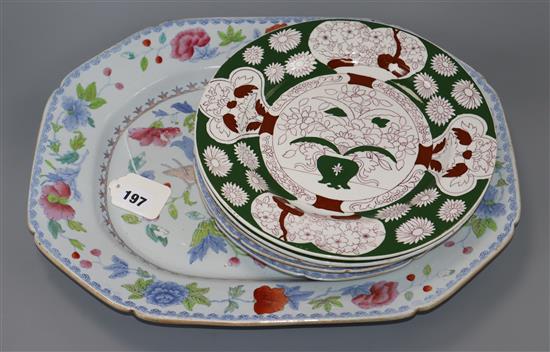 A Masons meat dish, four matching plates and two others Platter 42cm wide